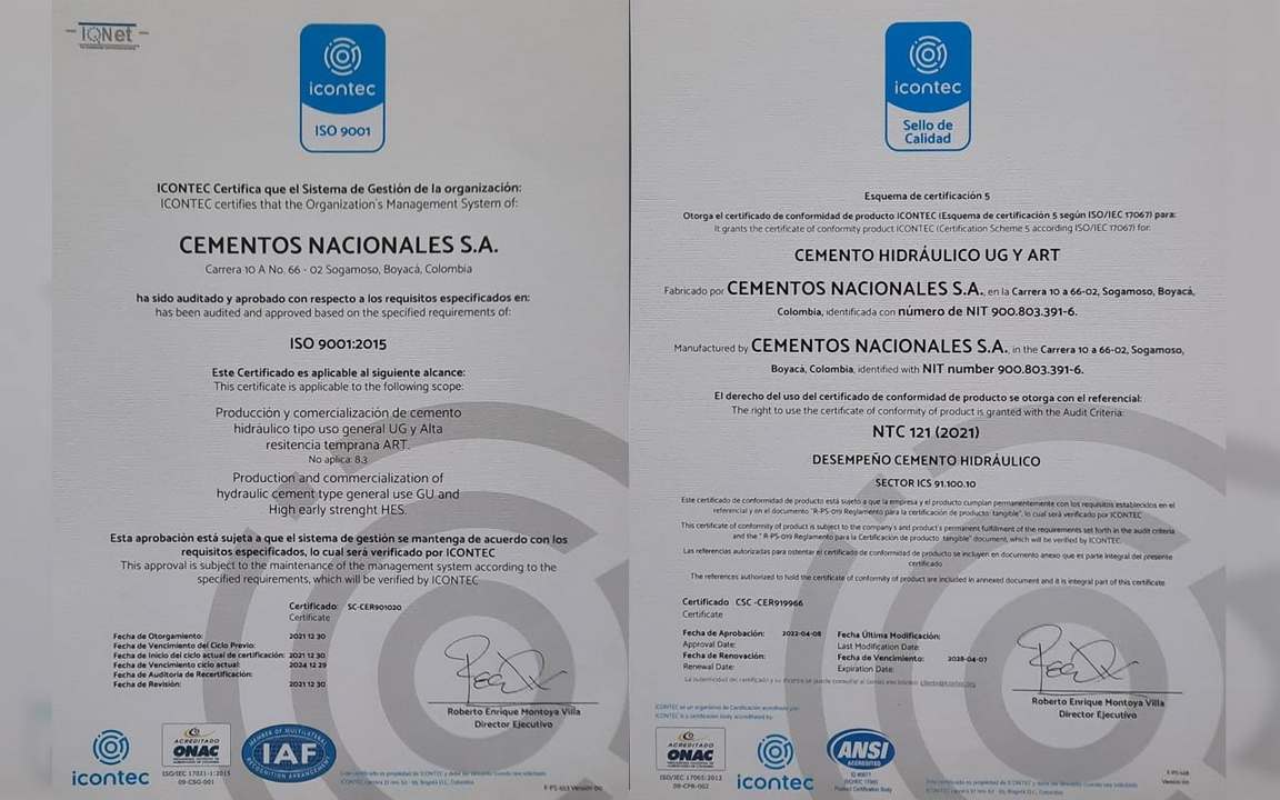 Estas son las certificaciones entregadas por el Icontec a Cementos Nacionales. Foto: archivo particular