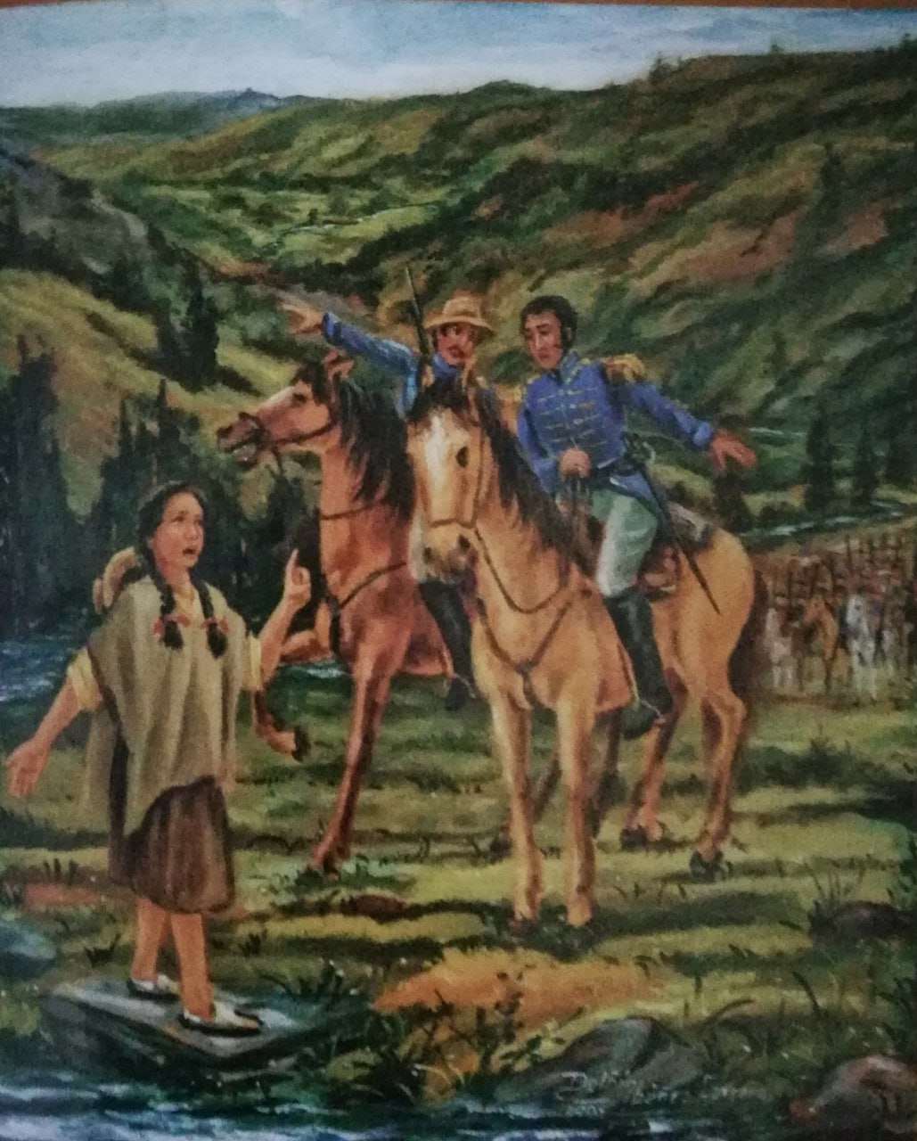 En este óleo, el maestro Delfín Ibáñez representa a la niña Estefanía Parra diciéndoles a los militares patriotas por dónde debían pasar el río Teatinos. Foto: archivo particular