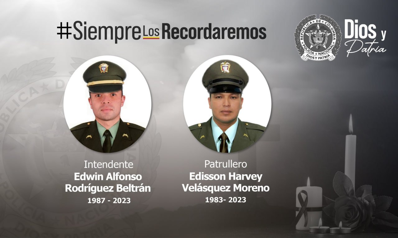 El intendente Edwin Alfonso Rodríguez Beltrán y al patrullero Edisson Mauricio Velázquez Moreno, fueron asesinados en un ataque con explosivos en Meta. Foto: Archivo particular.