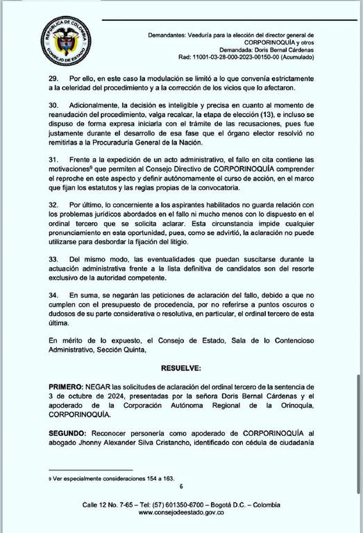 Auto del Consejo de Estado que niega aclaración en el caso de la directora de Corporinoquia. Foto: archivo particular