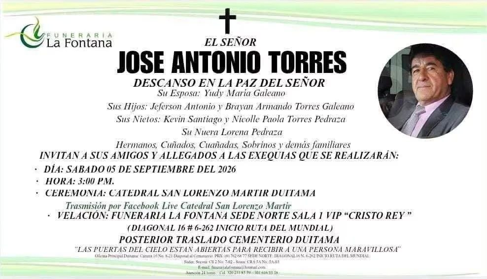 Aviso fúnebre del sepelio de José Antonio Torres.