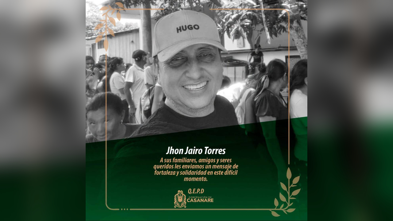 La Gobernación de Casanare envió un mensaje de solidaridad a los familiales y amigos del exalcalde Jhon Jairo Torres, y anunciaron una recompensa de 80 millones de pesos para quien brinde información que permita el esclarecimiento de los hechos y la captura efectiva de los responsables. Foto: Gobernación de Casanare.