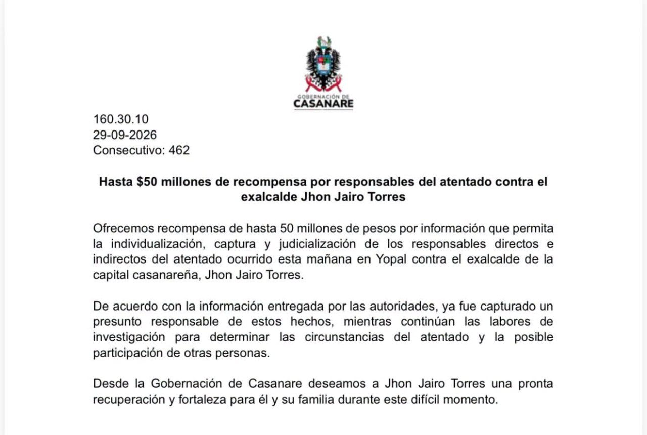 Una recompensa de hasta 50 millones de pesos ofrece la Gobernación de Casanare para quien brinde información que permita identificar a los responsables del atentado contra el exalcalde de Yopal. Foto: Gobernación de Casanare.