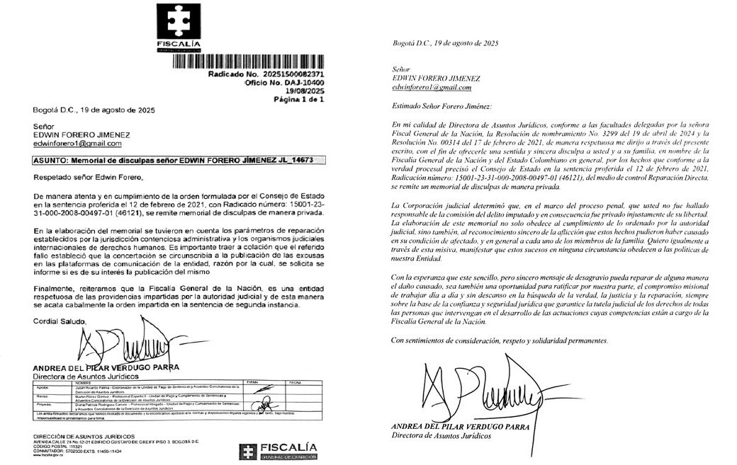 “usted no fue hallado responsable de la comisión del delito imputado y en consecuencia fue privado injustamente de su libertad”, resalta el documento de la Fiscalía